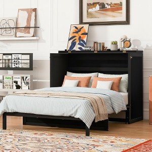 Polibi Full‑Size Murphy Bed with Rattan Front & Hidden Drawer Storage - 1 of 4