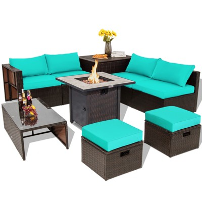 Tangkula 9 PCS Outdoor Patio Furniture Set w/ 30" Propane Fire Pit Table PE Wicker Space-Saving Sectional Sofa w/ Storage Box and Cushions Black/Gray/Navy/Red/Turquoise/Off White