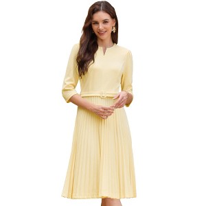 INSPIRE CHIC Women's Pleated 3/4 Sleeve Split V Neck Belted 2026 Elegant Work A-Line Midi Dresses - 1 of 4