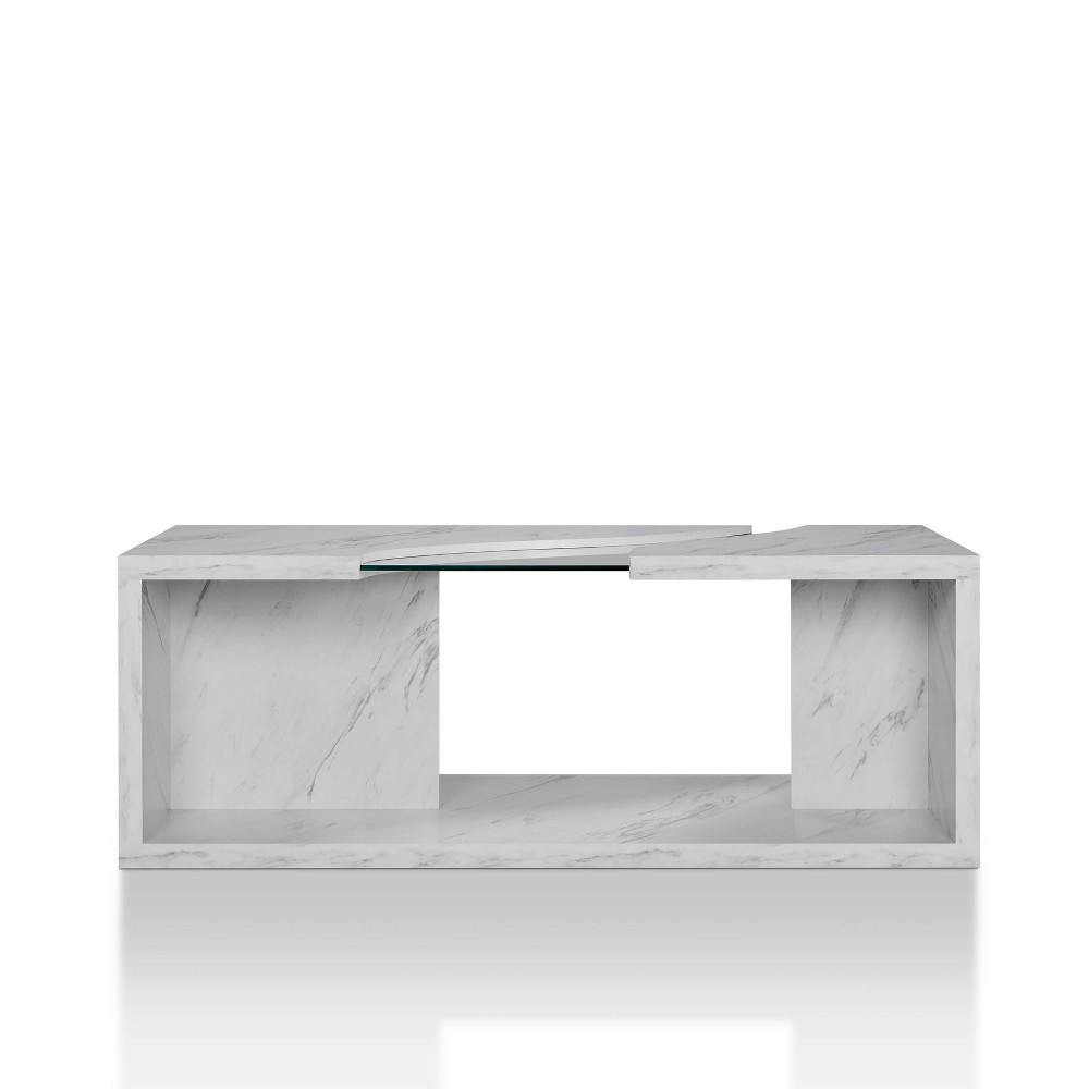 Photos - Coffee Table HOMES: Inside + Out Gustave  Winter White/Gray: Modern Faux Marble & Tempered Glass, Storage Shelf