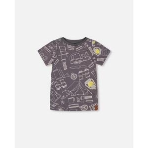 Deux par Deux Boy Printed Organic Cotton Tee Grayish Blue and Camping - 1 of 4