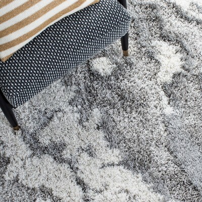 Grey and Ivory Abstract Shag Rug, 3' x 5'