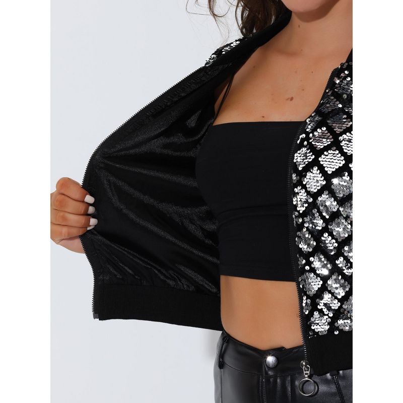 Allegra K Women's Sequin Long Sleeve Zipper Up Glitter Bomber Jacket, 5 of 6