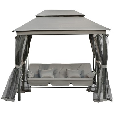 Gray Steel 3-Person Gazebo Swing Chair with Mesh Sidewalls