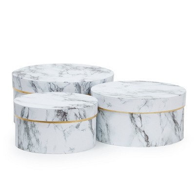 Blue Panda Round Gift Boxes with Lids, White Marble Cardboard Box Set in 3 Assorted Sizes