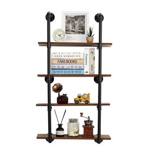 Industrial Pipe Shelving Wall Mounted, 30in Metal Floating Shelves, Steampunk Real Wood Book Shelves - 1 of 4
