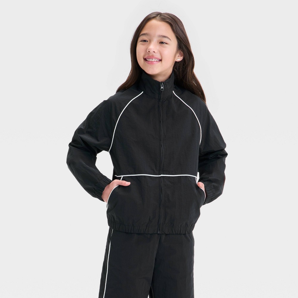 Girls' Windbreaker Zip-Up Jacket - art class™ Black L: Recycled Nylon, Lightweight, Front Pockets