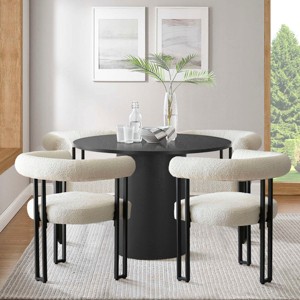 Modern 5-Piece Round Black Dining Table Set, Pedestal Table with 4 Bouclé Upholstered Dining Chairs for Kitchen or Apartment-Maison Boucle - 1 of 4