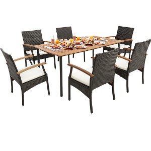 Costway 7PCS Patio  Dining Set Cushion Acacia Wood Armrests Table with Umbrella Hole - 1 of 4