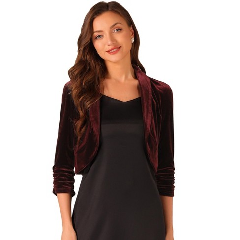 Allegra K Women's Velvet 3/4 Sleeve Open Front Ruffled Hem Back Cropped Cardigan - image 1 of 4