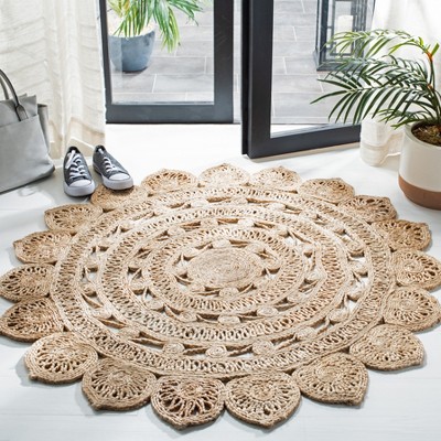 Hand-Woven Natural Jute Round Area Rug with Floral Design