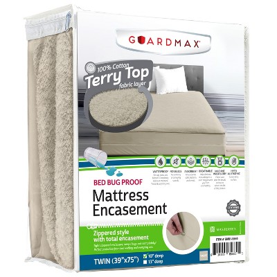 Mattress Protector with Zipper by Guardmax. Terry Cotton Waterproof, Bed Bug Proof, Soft & Comfortable Mattress Encasement with Deep Pockets.