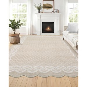 Washable Scalloped Area Rugs Modern Bordered Floor Mat - 1 of 4