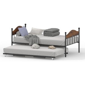 Acekool Daybed with Pop-Up Trundle, Metal Twin Bed Frame with Sofa-to-Bed Headboard, Reinforced Steel Slat Support, Rustic Brown - 1 of 4
