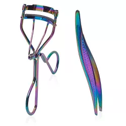 Glamlily 2 Pieces Metallic Rainbow Eyelash Curler with Eyebrow Tweezers for Women