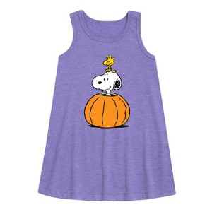 Girls' - Peanuts - Snoopy Woodstock Pumpkin Graphic Sleeveless Aline Dress - 1 of 4