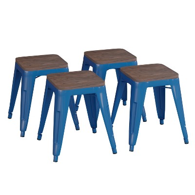 Emma and Oliver Set of Four Table Height Backless Stacking Welded Iron Stools with Wooden Seats and Under Seat Bracing for Indoor Use