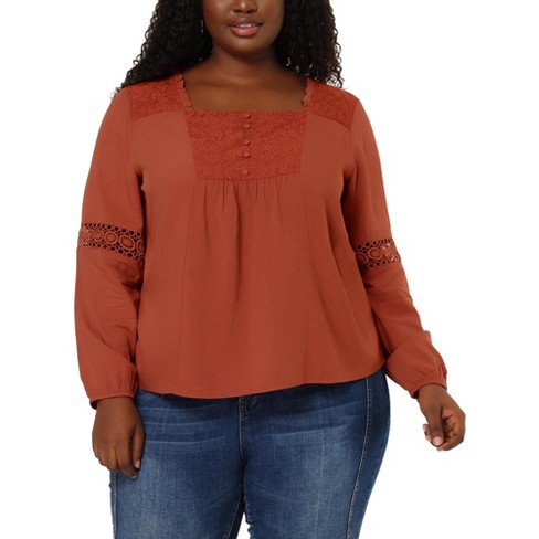 Agnes Orinda Women's Plus Size Blouse Square Ruffle Neck Lace Front Long  Sleeve Smocked Top : Target