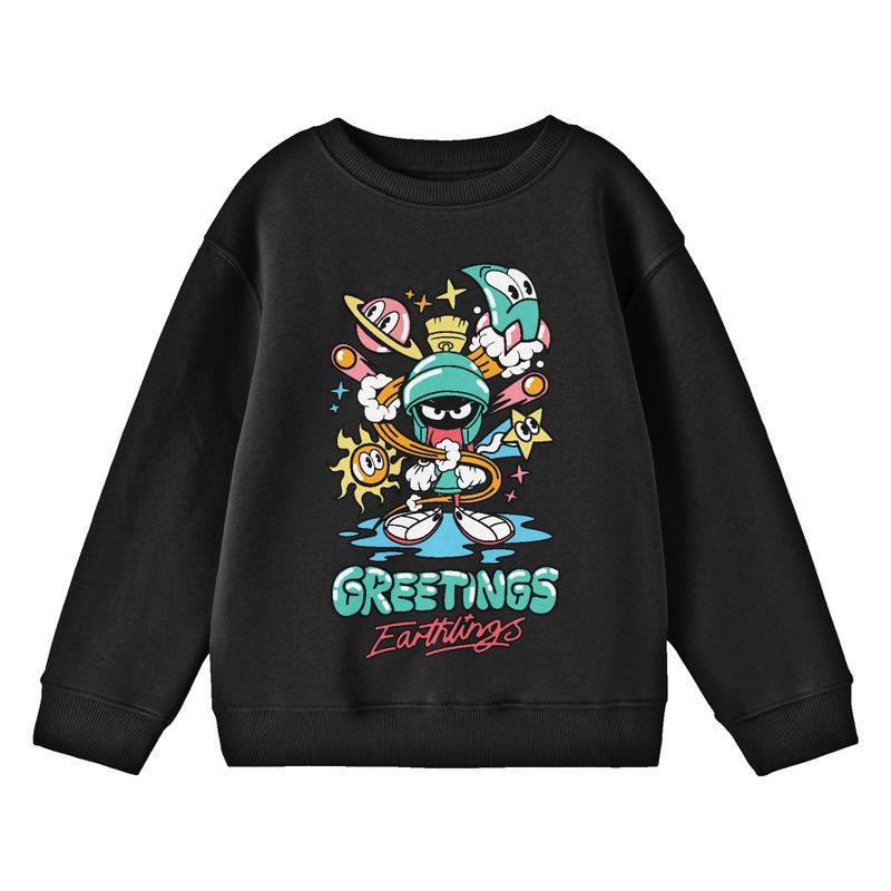 Looney Tunes Marvin the Martian "Hello Earthlings" Youth Black Crew Neck Sweatshirt, 1 of 3