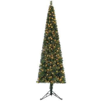 Home Heritage Artificial Pine Corner Christmas Tree Prelit with Warm White LED Lights, PVC Foliage, Metal Stand, Green
