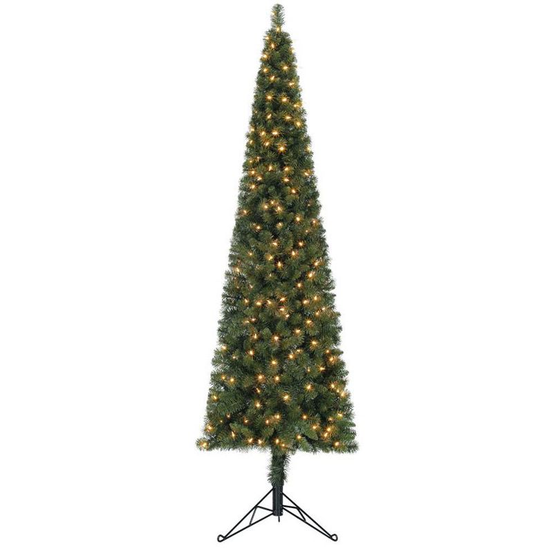 Home Heritage Artificial Pine Corner Christmas Tree Prelit with Warm White LED Lights, PVC Foliage, Metal Stand, Green, 1 of 7