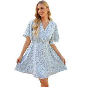 Women's Floral Dress Casual Short Sleeve Sundress Swing A Line Maxi Dresses - 1 of 4