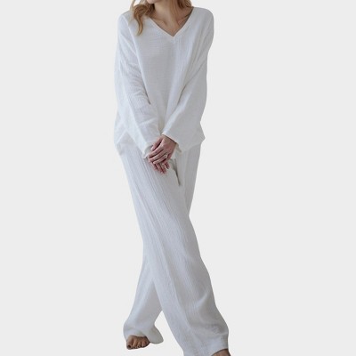 Anna-Kaci Lounge Women's Waffle Textured Lounge Set with V-Neck Top and Wide Leg Pants - Medium, White