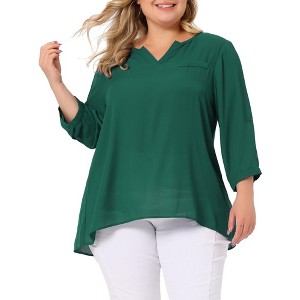 Agnes Orinda Women's Plus Size Sheer 3/4 Sleeve Flowy Split V Neck Blouses - 1 of 4