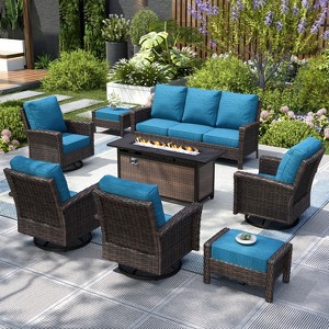 Captiva Designs Outdoor Patio Wicker Furniture Conversation Fire Pit Sets with Swivel Chairs with 5.5" Thick Cushions - 1 of 4