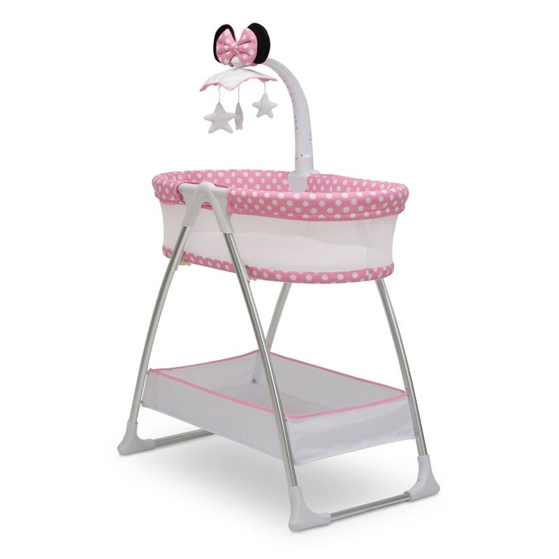 Delta Children Disney Minnie Mouse Bassinet with Rotating Mobile Arm, Vibration, Nightlight and Music - White/Pink, 1 of 9
