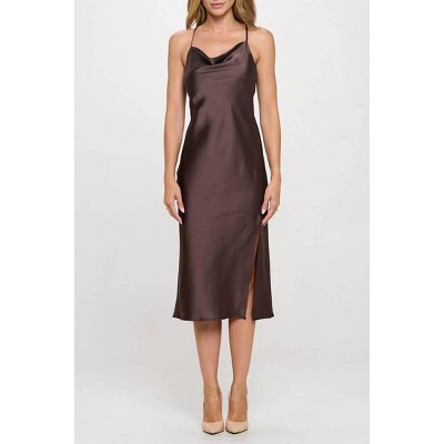 Women's Satin Bias Slip Dress With Slit - reneec.