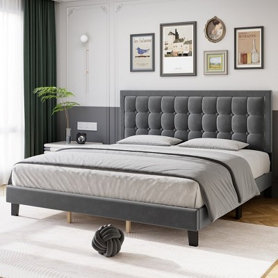 Whizmax Bed Frame, Wood Slat Support Bed Frame with Adjustable Height Headboard Button Tufted Upholstered Bed Frame