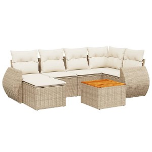 vidaXL Patio Sofa Set with Cushions Outdoor Furniture 7 Piece Poly Rattan - Beige and Cream - 1 of 4