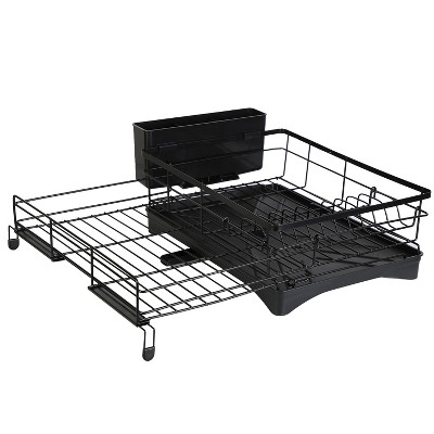 NewHome "Extra Large Retractable Dish Drying Rack with Drainboard & Utensil Holder, Rustproof & Expandable" Black