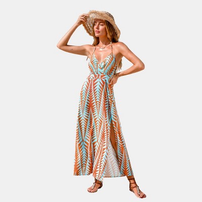 Women's Breezy Tropical Leaf Print Halter Tie Maxi Beach Dress - Cupshe
