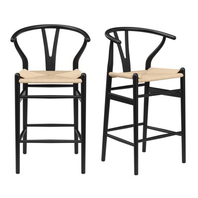 GlasFlength Mid-Century Dining Table Set with Armrests and Paper Rope Seats for Kitchen, Counter, Black, 21.3" * 17.5" * 39.4"
