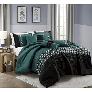 Home Mart Goods 7 Piece Black Green Geometric Soft Bedding Comforter Set - 1 of 4