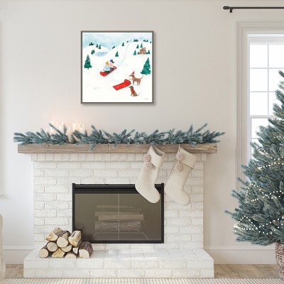 Winter Wonderland Dogs Sledding Scene Framed Canvas Art