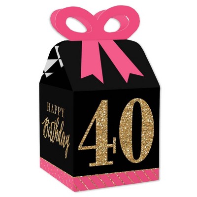 Big Dot of Happiness Chic 40th Birthday - Pink, Black and Gold - Square Favor Gift Boxes - Birthday Party Bow Boxes - Set of 12