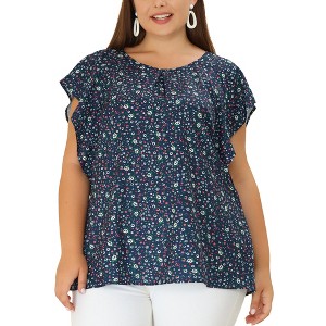 Agnes Orinda Women's Plus Size Summer Chiffon Floral Polka Dots Round Neck Blouses - 1 of 4
