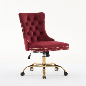 Gulches Wine Red Velvet Tufted Button Adjustable Swivel Office Chair Golden Metal Base Set of 1 Wide Seat High Rebound Cushion Modern Home Desk Chair - 1 of 4