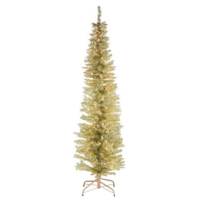6ft National Christmas Tree Company Champagne Tinsel Artificial Pencil Christmas Tree 150ct Clear