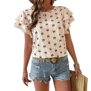 Womens Round Neck Print Double Layer Ruffle Sleeve Short Sleeve Casual Top - 1 of 4