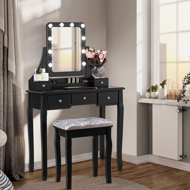 Costway Vanity Dressing Table Set w/ 10 Dimmable Bulbs Touch Switch Cushion Stool White\Black\Brown, 1 of 11