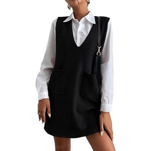 Women Sleeveless Knit Vest Dress V Neck Pockets Long Vest - 1 of 1