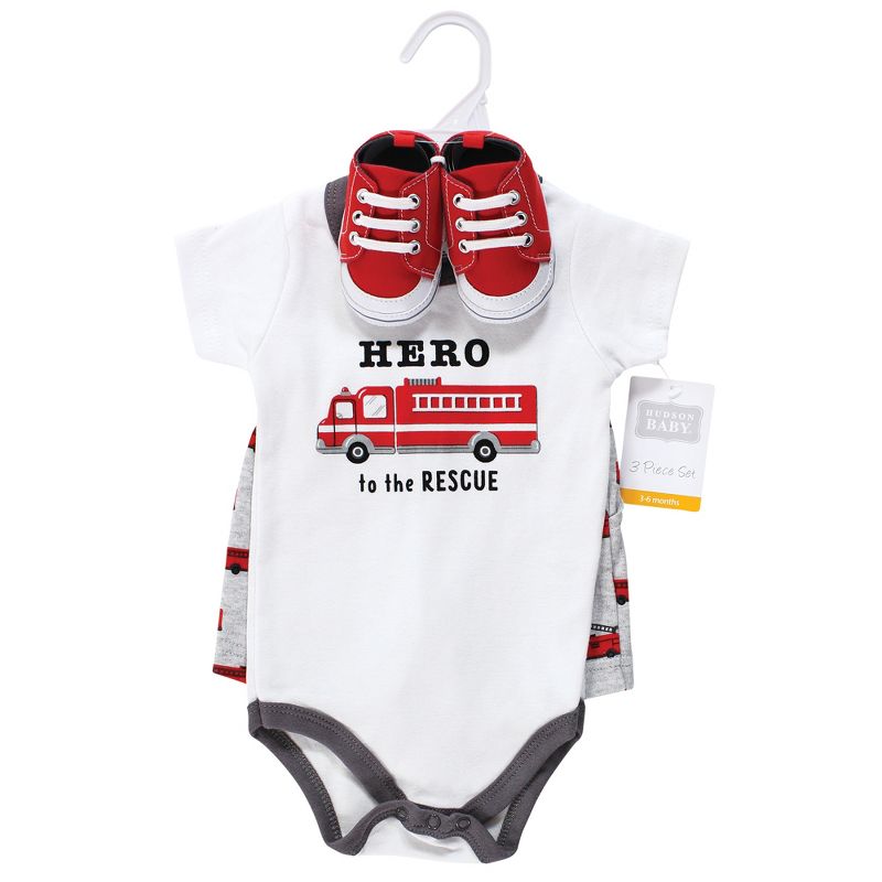 Hudson Baby Infant Boy Cotton Bodysuit, Shorts and Shoe Set, Firetruck Hero, 2 of 6