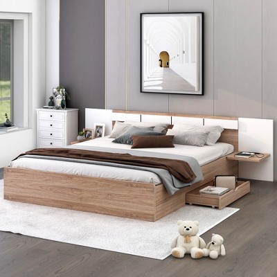 Queen Size Platform Bed with Headboard, Shelves, USB Ports and Sockets-ModernLuxe