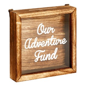 Juvale Our Adventure Travel Fund Bank for Adults, Rustic Wooden Honeymoon Piggy Bank for Wedding Gift, Money Box for Traveling, 7 x 7 In - 1 of 4