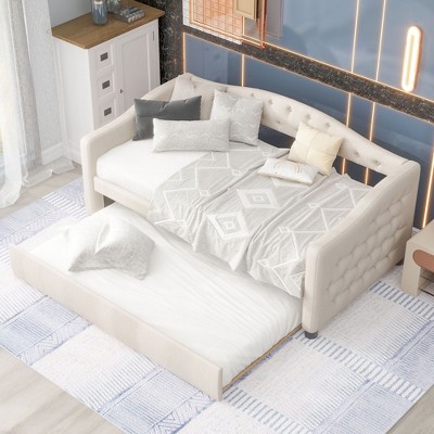 NicBex Twin Size Daybed Upholstered Day Bed with Trundle Bed Twin with Waved Arms and Tufted Button for Apartment