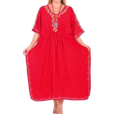 LA LEELA Women's House Daily Routine Evening Wear Loungewear Solid Casual Relaxed V Neck Caftan Maxi Cover Up Dresses for Women 2X-3X Red, Solid